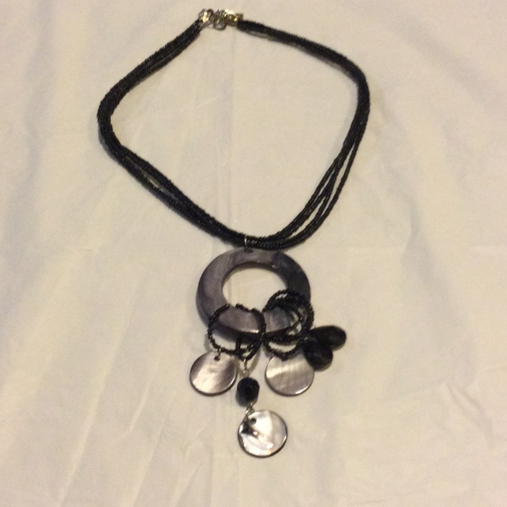 Vintage Multi-Strand Black and Gray Beaded Necklace w/Shell Pendant